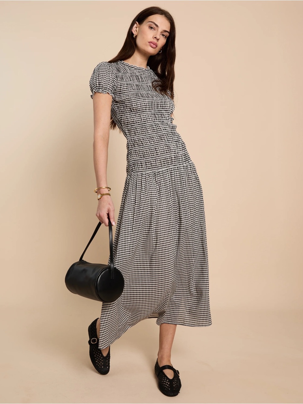 o.p.t. Ainsley Dress Black and White Check Puff-Sleeve Midi Dress Sz 8